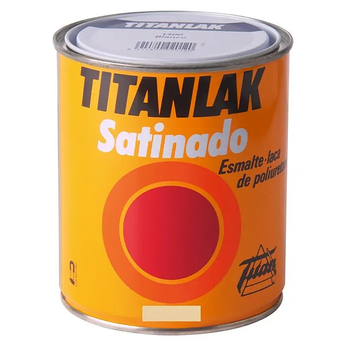 Titan Titanlak Esmalte de color - Blanco, Satinado, 2,5 l - Lata de pintura Titanlak Satinado en amarillo con campo de color rojo, ideal para superficies lisas.
