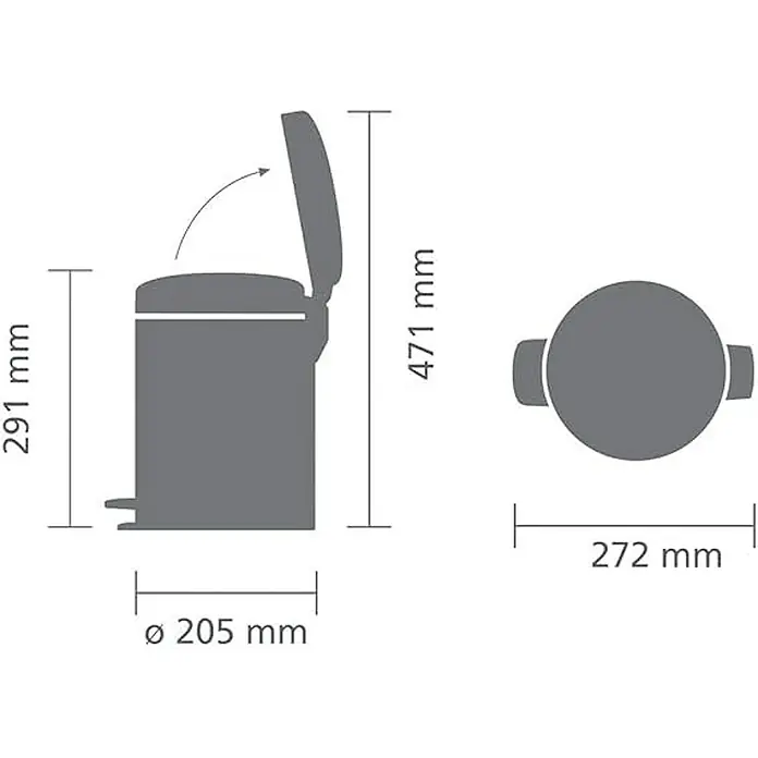 Proregal Treteimer Brabantia Klassischer Tretmülleimer mit Soft-Verschluss - 5 l, Metall, Platin - Schematische Darstellung eines grauen Treteimer mit Maßangaben. Die Höhe beträgt 471 mm, die Breite 272 mm und der Durchmesser 205 mm.