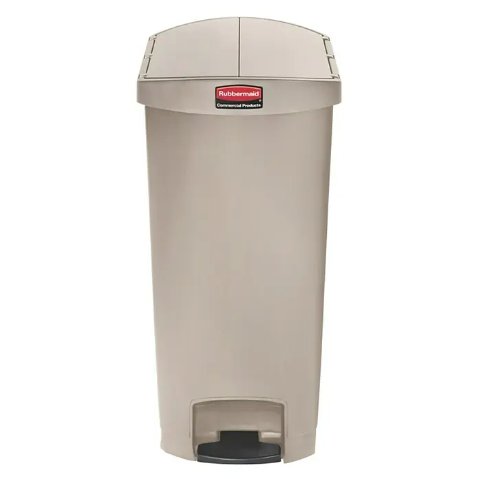 Proregal Treteimer Rubbermaid Slim Jim Step On Container End Step Pedal-Abfalleimer - 68 l, Kunststoff, Beige - Ein beiger Rubbermaid-Treteimer für den gewerblichen Gebrauch, ideal für die Abfallentsorgung in stark frequentierten Bereichen.
