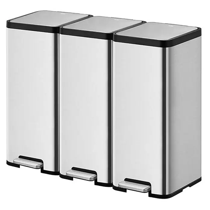 Proregal Treteimer Kompakter und funktionaler Treteimer aus mattgrauem Edelstahl - 30 l, Edelstahl, Silber - Drei rechteckige, silberfarbene Mülleimer aus Edelstahl mit Tretpedal zum einfachen Öffnen für eine hygienische Abfallentsorgung.