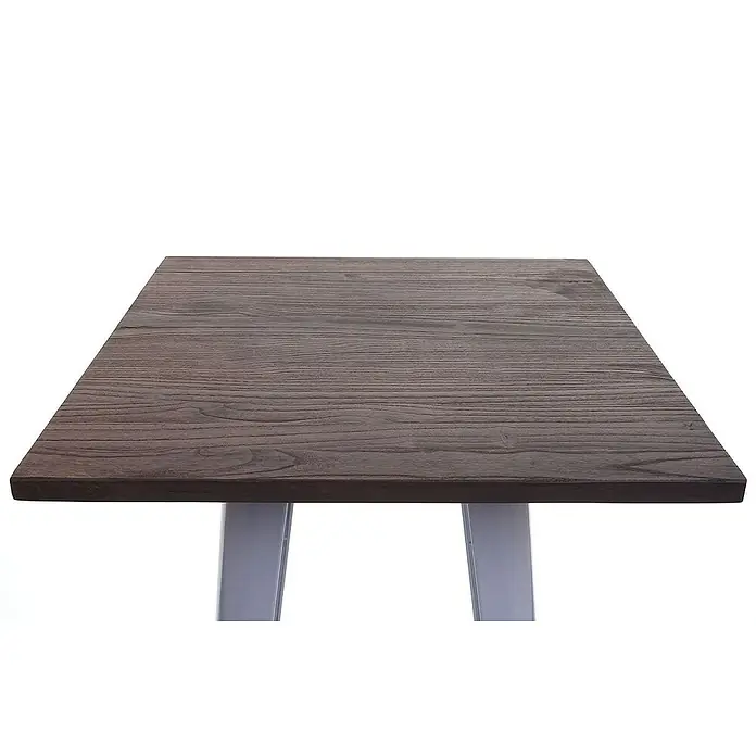 Chefgastro Garten-Stehtisch mit Holz-Tischplatte - L x B x H: 60 x 60 x 107 cm, Eckig, Grau - Nahaufnahme einer quadratischen Tischplatte aus dunklem Holz mit Metallbeinen, ideal für moderne Innenräume.