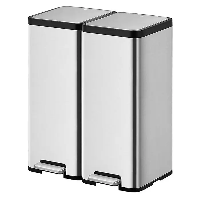 Proregal Treteimer Kompakter und funktionaler Treteimer aus mattgrauem Edelstahl - 30 l, Edelstahl, Silber - Bild von zwei Mülleimern aus Edelstahl mit Tretpedal. Ideal für Küche oder Bad, hygienisch und modern.