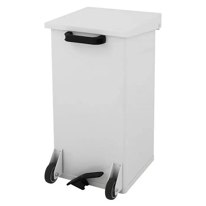 Proregal Treteimer Mobiler eckiger feuerfester Pedal-Abfallbehälter Haiti mit Softclose Deckel - 55 l, Aluminium, Weiß - Bild eines weißen Tretabfalleimers mit Rollen und Griff.