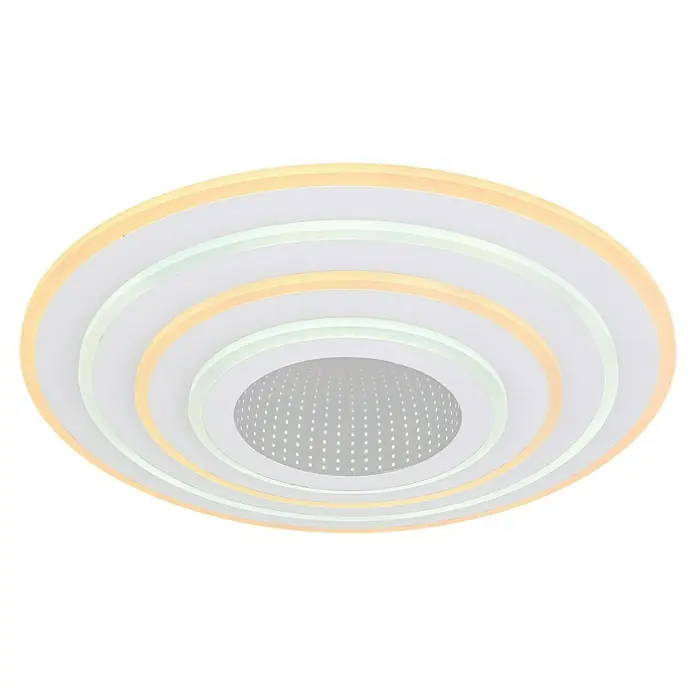 Globo Plafón LED redondo Jocelyn - 50 W, Ø x Al: 50 x 6,7 cm, Blanco, Blanco cálido - Primer plano de una lámpara de techo LED de varios niveles con un diseño concéntrico moderno y tonos de luz cálidos y fríos alternados.
