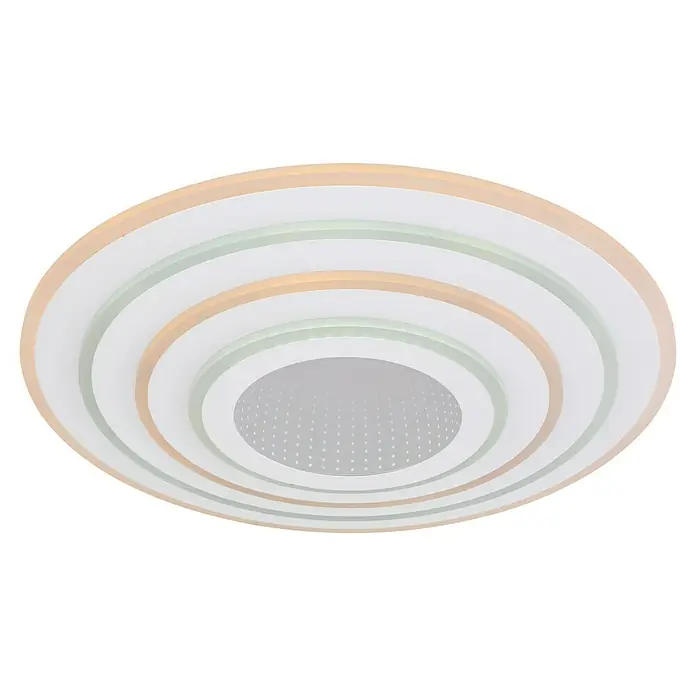 Globo LED-Deckenleuchte rund Jocelyn - 50 W, Ø x H: 50 x 6,7 cm, Weiß, Warmweiß - Nahaufnahme einer modernen, runden Deckenleuchte mit konzentrischen Ringen in Weiß, Beige und Grün, die ein sanftes, diffuses Licht ausstrahlt.