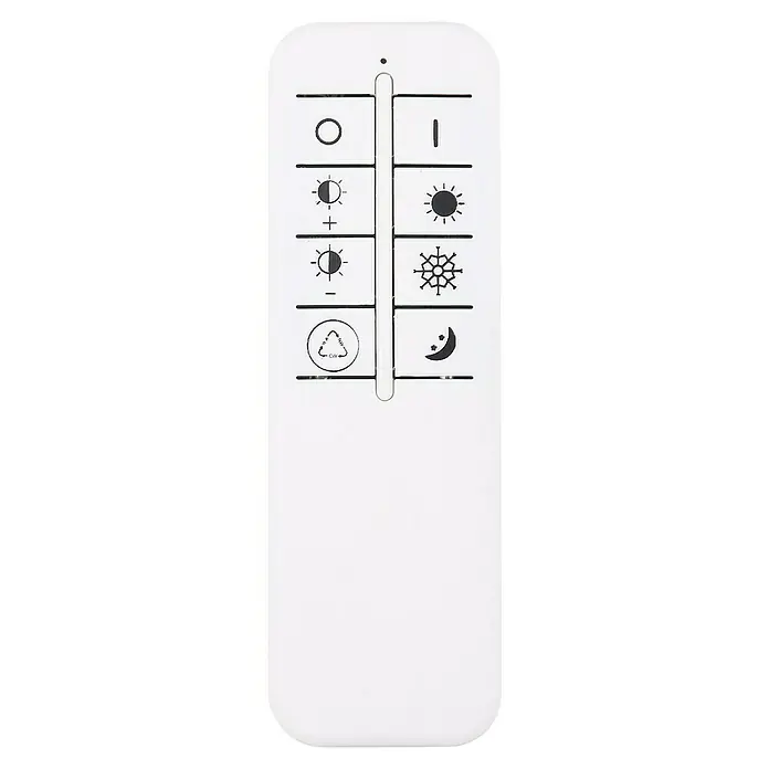 Globo LED-Deckenleuchte rund Jocelyn - 50 W, Ø x H: 50 x 6,7 cm, Weiß, Warmweiß - Eine Nahaufnahme der Bedienelemente einer weißen Fernbedienung mit verschiedenen Symbolen zur Steuerung verschiedener Funktionen.