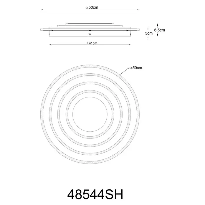 Globo LED-Deckenleuchte rund Jocelyn - 50 W, Ø x H: 50 x 6,7 cm, Weiß, Warmweiß - Schema einer runden 48544SH Deckenleuchte mit Maßangaben zu Durchmesser und Höhe.