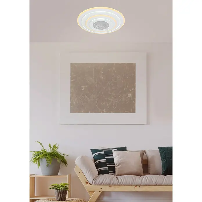 Globo LED-Deckenleuchte rund Jocelyn - 50 W, Ø x H: 50 x 6,7 cm, Weiß, Warmweiß - Nahaufnahme einer modernen LED-Deckenleuchte mit runder Form, die ein helles, gleichmäßiges Licht ausstrahlt und sich für moderne Innenräume eignet.