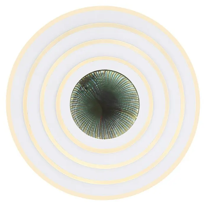 Globo LED-Deckenleuchte rund Jocelyn - 50 W, Ø x H: 50 x 6,7 cm, Weiß, Warmweiß - Eine runde LED-Deckenleuchte mit einem faszinierenden Infinity-Spiegel-Effekt, umgeben von goldenen Ringen.