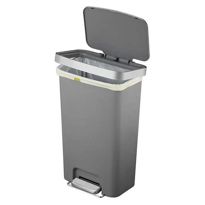 Proregal Treteimer Funktionale Treteimer aus Kunststoff mit Soft-Close-Deckel - 45 l, Kunststoff, Weiß - Ein grauer Treteimer mit offenem Deckel und eingesetztem Müllbeutel, der durch einen weißen Ring gehalten wird. Praktisch und hygienisch.