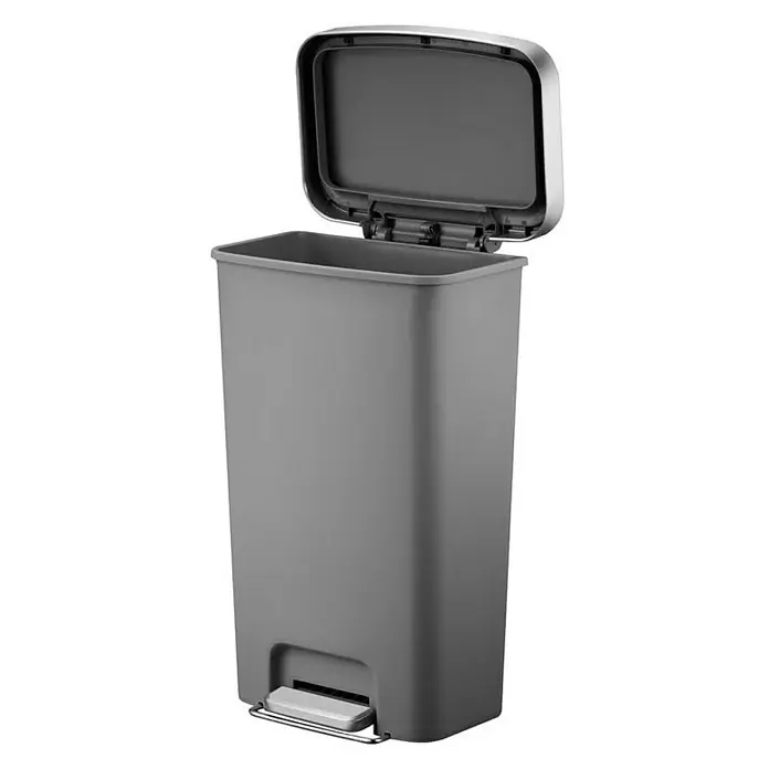 Proregal Treteimer Funktionale Treteimer aus Kunststoff mit Soft-Close-Deckel - 45 l, Kunststoff, Weiß - Ein grauer, rechteckiger Treteimer mit offenem Deckel und Pedal zur einfachen Bedienung. Ideal für Küche oder Bad.