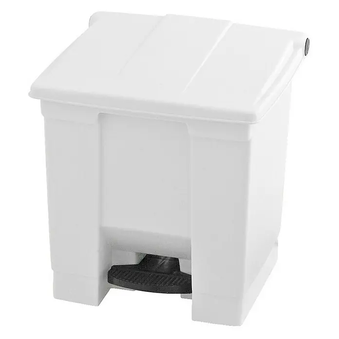 Proregal Treteimer Rubbermaid Robuster Pedaleimer - 30 l, Kunststoff, Weiß - Ein weißer Treteimer mit Deckel und schwarzem Pedal, ideal für Küche oder Bad, bietet eine hygienische Lösung für die Abfallentsorgung.
