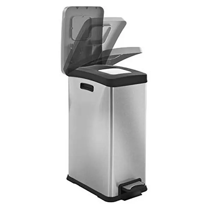 Proregal Treteimer Schmaler rechteckiger Pedaleimer mit Softclose-Deckel - 30 l, Kunststoff, Edelstahl / Silber - Metall Abfalleimer mit Deckel und Pedal für einfache Bedienung. Der Mülleimer ist ideal für Küche oder Büro.