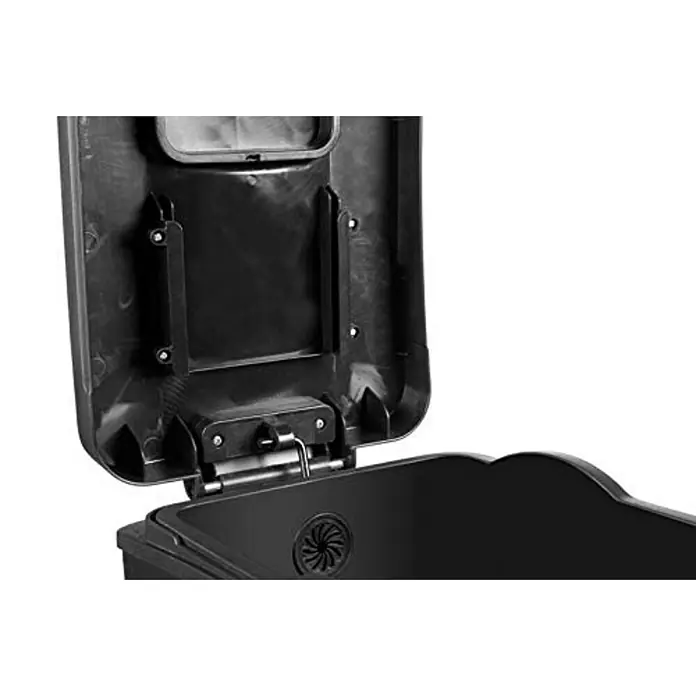 Proregal Treteimer Schmaler rechteckiger Pedaleimer mit Softclose-Deckel - 30 l, Kunststoff, Edelstahl / Silber - Detailaufnahme des schwarzen Mülltonnendeckels mit Scharnier und Entlüftung.