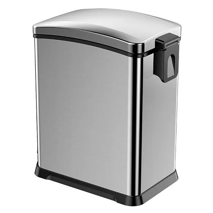 Proregal Treteimer Rechteckiger Treteimer aus gebürstetem Edelstahl - 15 l, Edelstahl, Silber - Bild eines modernen, rechteckigen Edelstahl-Mülleimers mit schwarzem Sockel und Deckel für ein stilvolles Badezimmer oder eine Küche.
