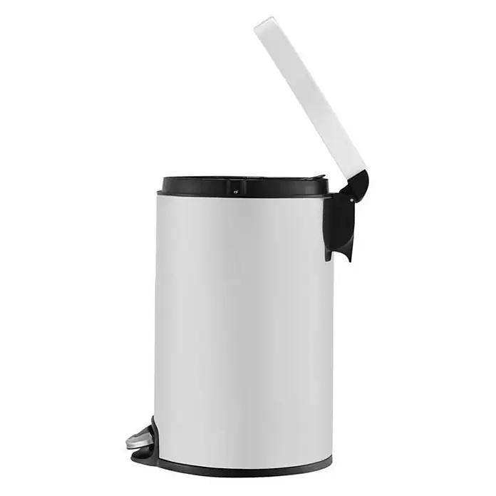 Proregal Treteimer - 20 l, Kunststoff, Weiß - Bild einer weißen Tretmülleimer mit offenem Deckel. Der Mülleimer hat einen schwarzen Rand und einen Tretmechanismus aus Metall.