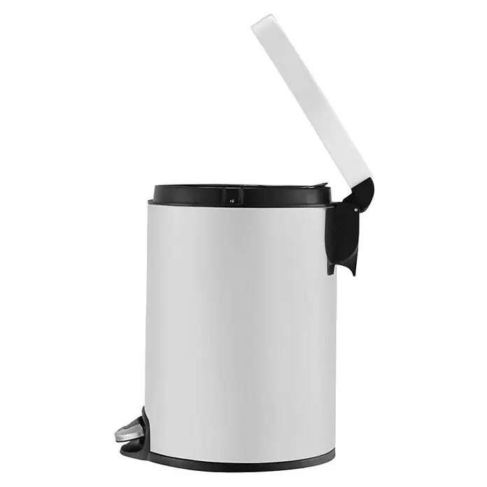 Proregal Treteimer - 5 l, Kunststoff, Weiß - Ein offener, runder, weißer Treteimer mit schwarzem Deckel und schwarzem Fuß für Badezimmer oder Küche. Praktisch und hygienisch.