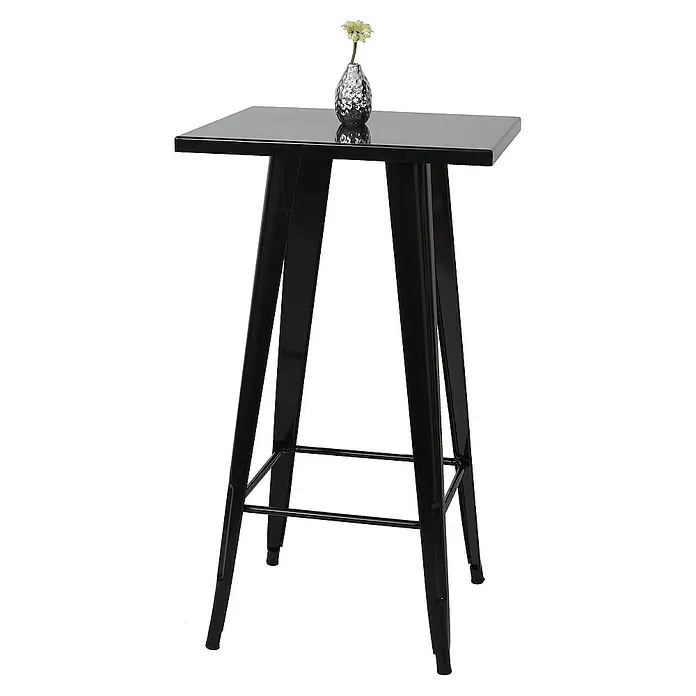 Chefgastro Garten-Stehtisch mit Metall-Tischplatte - Eckig, Schwarz - Das Bild zeigt einen schwarzen Bistrotisch mit einer quadratischen Tischplatte und einem kleinen Blumenarrangement in der Mitte.