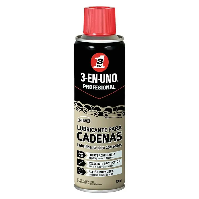 3 en 1 Spray para cadena - 250 ml - Lubricante profesional para cadenas 3-EN-UNO en spray. Ofrece una excelente protección contra el desgaste y la corrosión, asegurando larga duración.