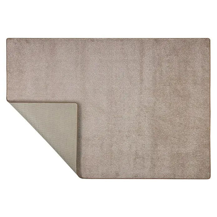 Kurzflorteppich Sundae - Beige, 200 x 200 cm, 100 % Polypropylen - Ein rechteckiger, beiger Teppich mit einer umgeklappten Ecke, der seine Unterseite zeigt. Ideal für Wohnzimmer oder Schlafzimmer.