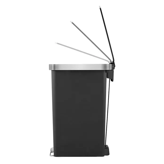 Proregal Treteimer Funktionale Treteimer aus Kunststoff mit Soft-Close-Deckel - 40 l, Kunststoff, Schwarz - Ein schwarzer Treteimer mit silbernem Deckel, der sich in verschiedenen Öffnungsstadien befindet, ideal für Küche oder Bad.