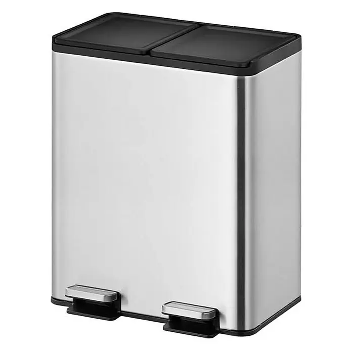Proregal Treteimer - 40 l, Edelstahl, Silber - Doppelte Mülleimer zur Mülltrennung. Der Mülleimer ist aus rostfreiem Stahl und hat zwei Fächer mit separaten Fußpedalen und schwarzen Deckeln.