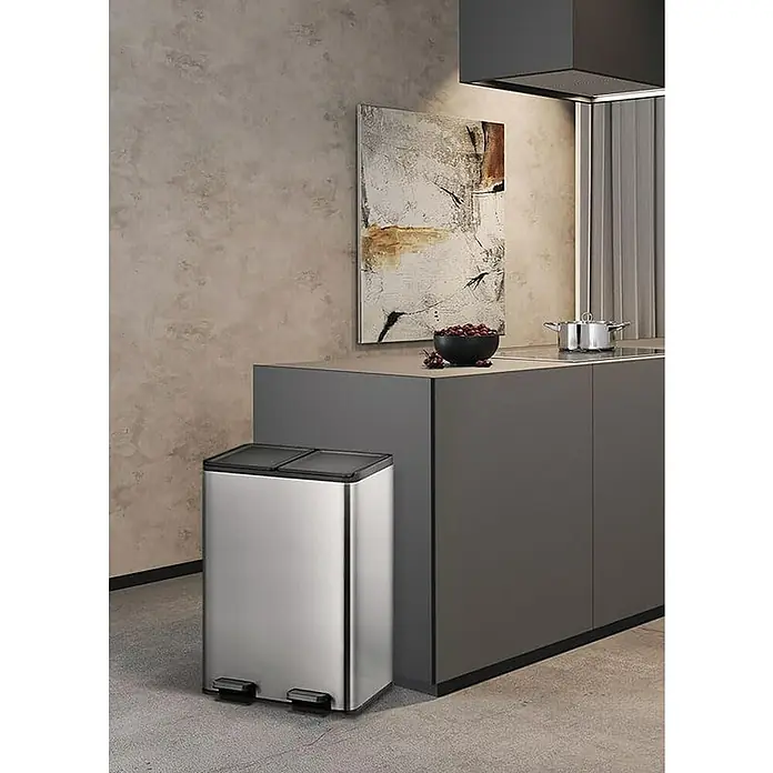 Proregal Treteimer - 40 l, Edelstahl, Silber - Dieser hochwertige, rechteckige Doppelfach-Treteimer aus Edelstahl mit zwei Fächern erleichtert die Mülltrennung und sieht elegant aus.