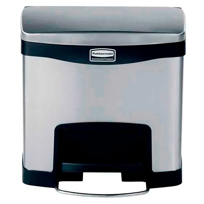 Proregal Treteimer Rubbermaid Slim Jim Step On Container Front Step Pedal-Abfalleimer - 15 l, Edelstahl, Silber mit schwarzem Akzentstreifen - Ein silberfarbener Rubbermaid-Treteimer für den gewerblichen Gebrauch. Ideal für die hygienische Abfallentsorgung.