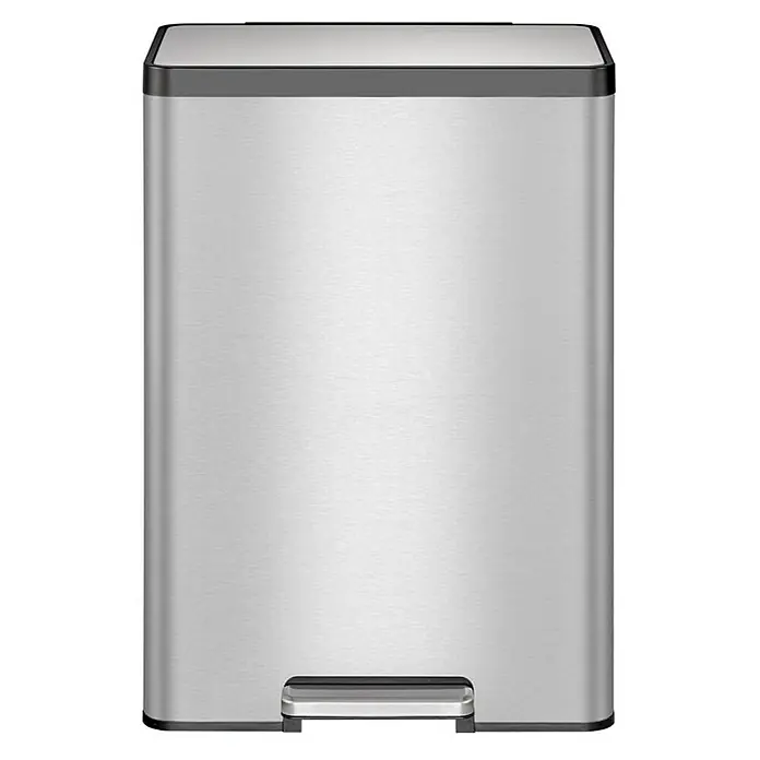 Proregal Treteimer - 45 l, Edelstahl, Silber - Silberner Treteimer aus Edelstahl mit rechteckiger Form und schwarzem Deckel für hygienische Abfallentsorgung.