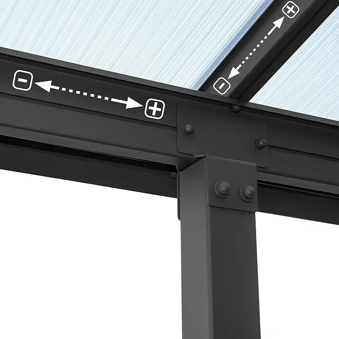 Palram – Canopia Terrassenüberdachung Olympia - B x T: 546 x 300 cm, Anthrazitgrau, Polycarbonat, Transparent - Detailansicht einer schwarzen Pavillonstruktur mit durchscheinendem Dach und Plus-Minus-Symbolen zur Größenanpassung.