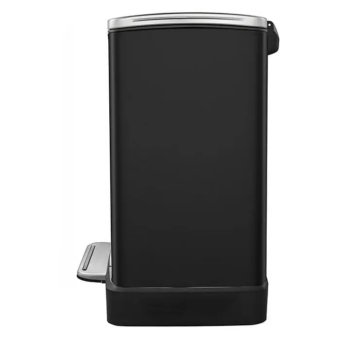 Proregal Treteimer Stilvoller rechteckiger Treteimer mit extra breitem Pedal - 46 l, Edelstahl, Weiß, Deckel Edelstahl - Bild einer rechteckigen, schwarzen Mülltonne mit Pedal und silberfarbenem Deckel. Die Tonne ist modern und funktional.
