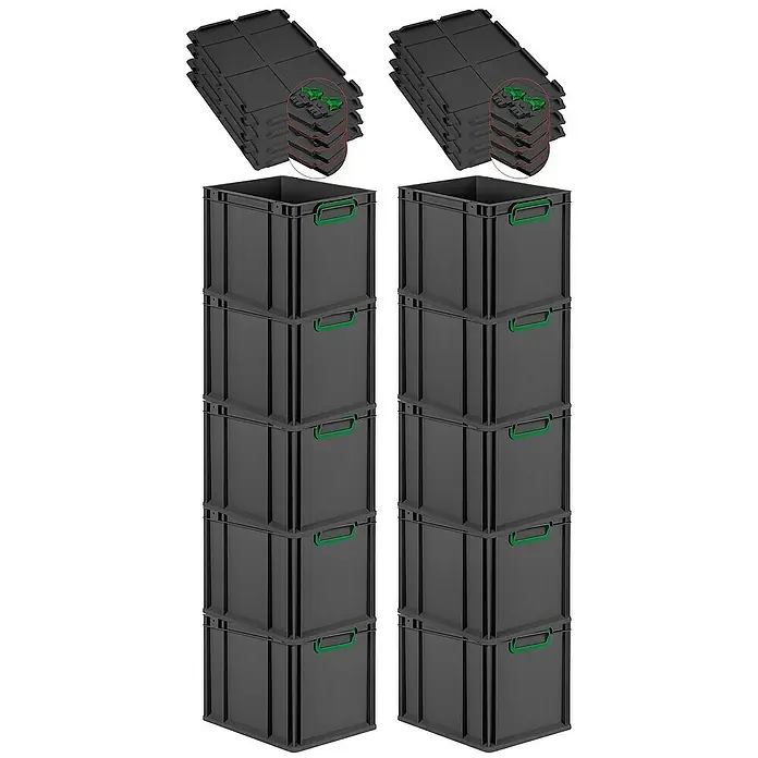 Proregal Euroboxen-Set 10x Eurobox NextGen Color mit Scharnierdeckel und Verschlüssen - L x B x H: 40 x 30 x 32 cm, Kunststoff, Schwarz, Grün, 10 Stk. - Schwarze Eurobehälter mit grünen Griffen und Deckel gestapelt für Lagerung und Transport.