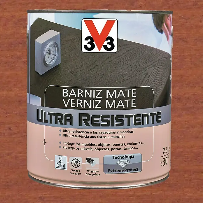V33 Barniz para madera Mate Ultra Resistente - Sapelly, Mate, 750 ml - Bote de barniz mate Ultra Resistente: resistente a arañazos y manchas, ideal para muebles, puertas y más. 2,5L para una protección duradera.