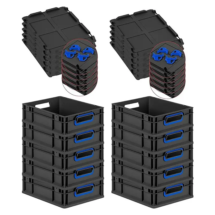 Proregal Euroboxen-Set 10x Eurobox NextGen Color mit Auflagedeckel und Schiebeschnappverschlüsse - L x B x H: 40 x 30 x 12 cm, Kunststoff, Schwarz, Blau, 10 Stk. - Bild zeigt zwei Stapel grauer Aufbewahrungsboxen und zwei Stapel zugehöriger Deckel mit blauen Verschlüssen.