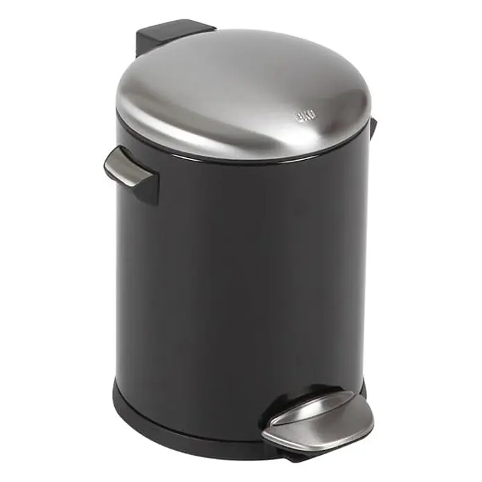 Proregal Treteimer Retro Treteimer mit markanten Griffen und Kugelkappe - 5 l, Kunststoff, Schwarz - Ein moderner schwarzer EKO Treteimer mit einem glänzenden, silbernen Deckel und Pedal für hygienische Abfallentsorgung im Haushalt.