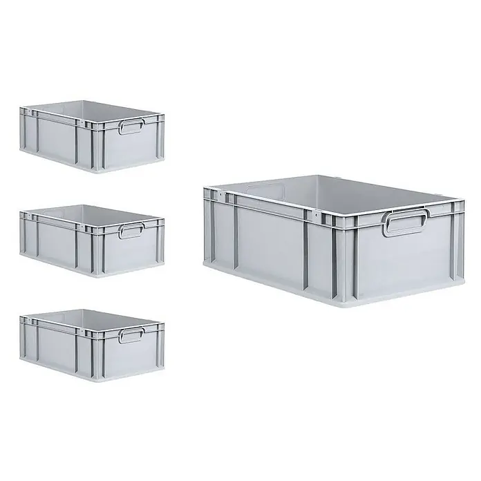 Proregal Euroboxen-Set 4x Eurobox NextGen Grip mit Scharnierdeckel und schwarzen Verschlüssen - L x B x H: 60 x 40 x 22 cm, Kunststoff, Grau, 4 Stk. - Auf dem Bild sind vier graue Kunststoffbehälter unterschiedlicher Größe zu sehen. Sie sind robust und stabil.