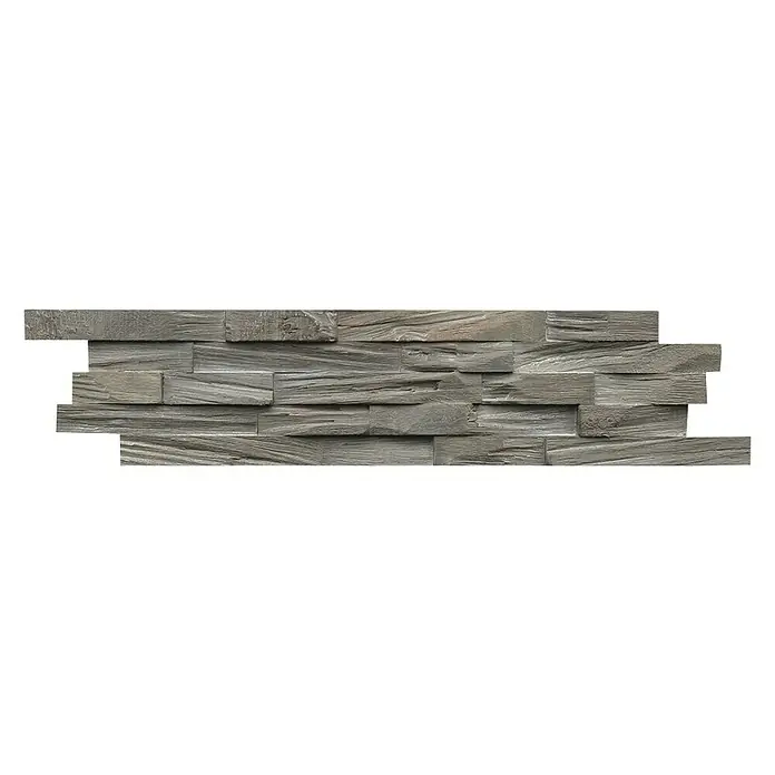 Indo Wandpaneel 3D Wall Beachwood Gun Smoked - 610 x 150 x 10 mm, 1,006 m² - Bild einer dekorativen Wandverkleidung aus Holz in Grau- und Brauntönen, die eine rustikale und moderne Ästhetik vereint.