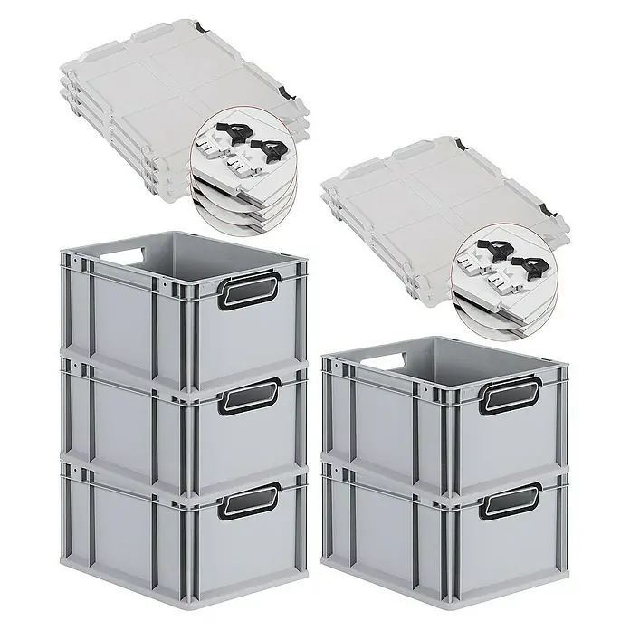 SuperSparSet 5x Eurobox NextGen Color mit Scharnierdeckel und Schiebeschnappverschlüssen | HxBxT 22x30x40cm | 20 Liter | Grau | Griffe schwarz offen | Glatter Boden | Eurobehälter, Transportbox, Transportbehälter, Stapelbehälter -  - Graue Kunststoffboxen und Deckel, ideal zur Aufbewahrung und Organisation verschiedener Gegenstände.