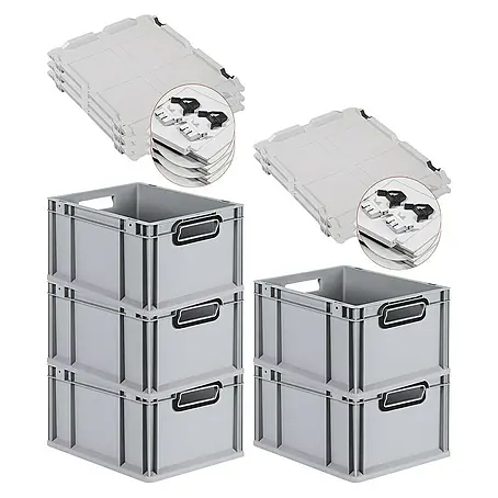 SuperSparSet 5x Eurobox NextGen Color mit Scharnierdeckel und Schiebeschnappverschlüssen | HxBxT 22x30x40cm | 20 Liter | Grau | Griffe schwarz offen | Glatter Boden | Eurobehälter, Transportbox, Transportbehälter, Stapelbehälter
