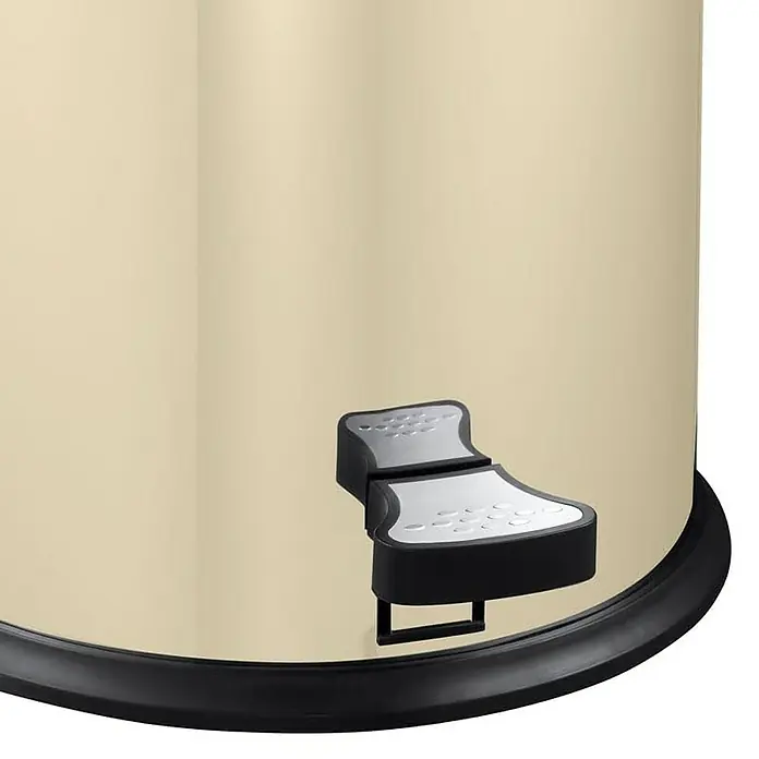 Proregal Treteimer - 33 l, Stahl, Creme - Detailaufnahme eines beigefarbenen Treteimers mit schwarzem Fußpedal und Bodenring, ideal für Bad oder Küche.