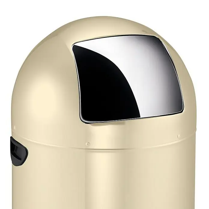 Proregal Treteimer - 33 l, Stahl, Creme - Nahaufnahme eines beigen, zylindrischen Abfallbehälters mit schwingendem Deckel und seitlichem Griff.