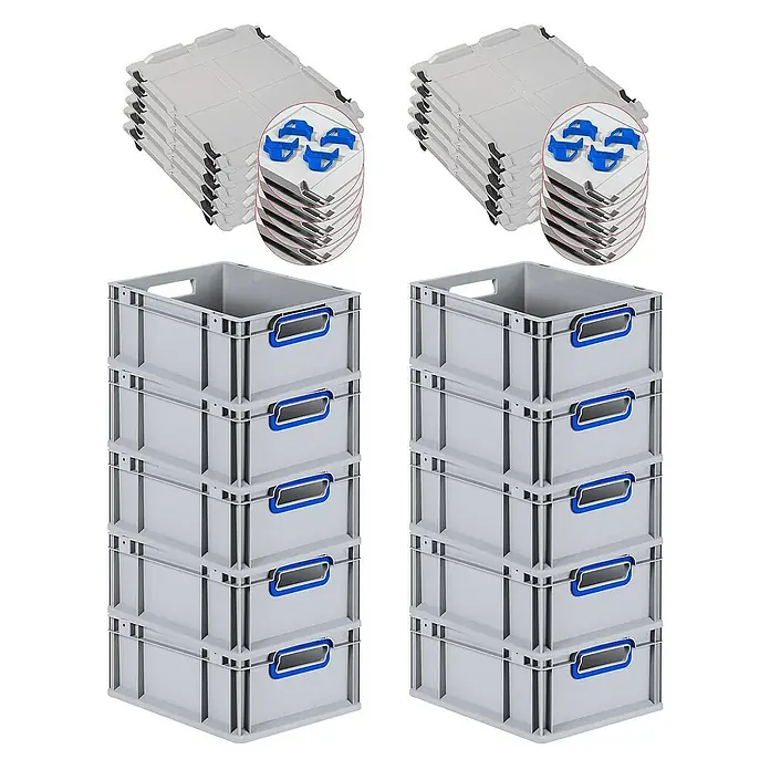 Proregal Euroboxen-Set 10x Eurobox NextGen Color mit Auflagedeckel und Schiebeschnappverschlüsse - L x B x H: 40 x 30 x 17 cm, Kunststoff, Grau, Blau, 10 Stk. - Bild von grauen Lagerboxen und dazugehörigen Deckeln mit blauen Akzenten, gestapelt und bereit für den Einsatz.