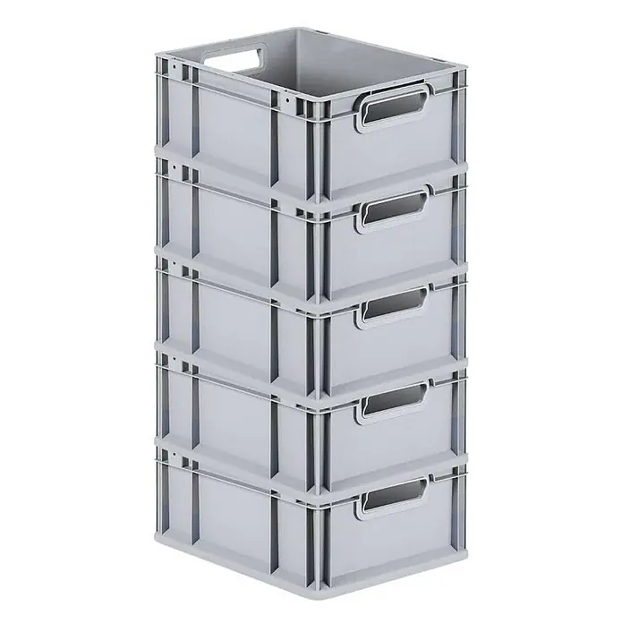 Proregal Euroboxen-Set 5x Eurobox NextGen Economy mit Scharnierdeckel und grünen Verschlüssen - L x B x H: 40 x 30 x 17 cm, Kunststoff, Grau, 5 Stk. - Ein Stapel von fünf grauen Kunststoffbehältern, die übereinander gestapelt sind und einen praktischen Griffausschnitt haben.