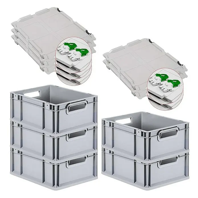 Proregal Euroboxen-Set 5x Eurobox NextGen Economy mit Scharnierdeckel und grünen Verschlüssen - L x B x H: 40 x 30 x 17 cm, Kunststoff, Grau, 5 Stk. - Auf dem Bild sind graue Eurobehälter und passende Deckel zu sehen. Die Behälter sind praktisch und stapelbar.
