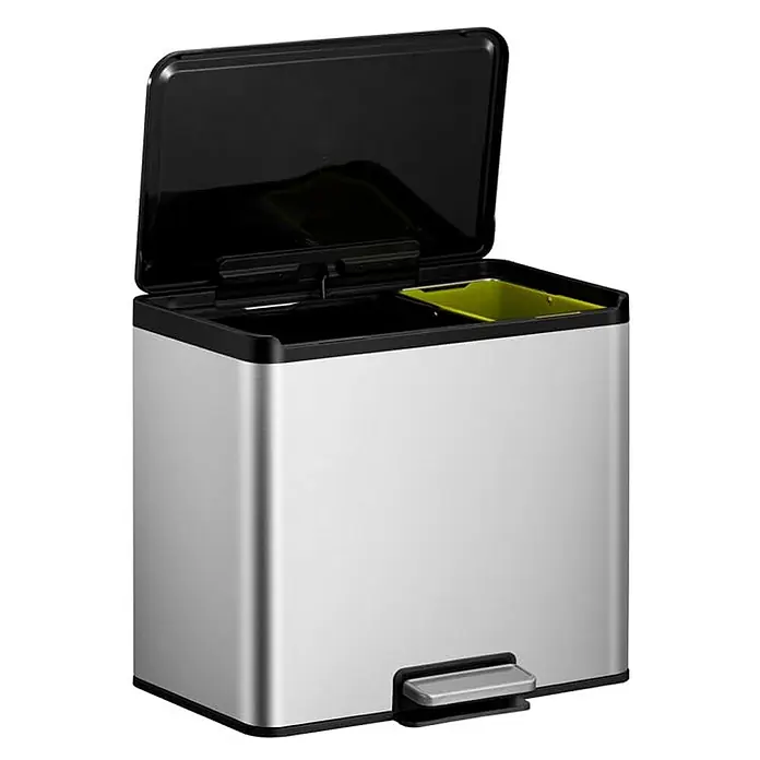 Proregal Treteimer - 29 l, Edelstahl, Silber - Ein silberner Doppel-Treteimer mit schwarzem Deckel und schwarzen Akzenten, der sich ideal für die Abfalltrennung eignet.