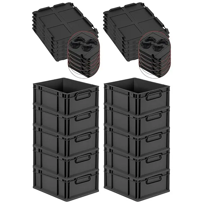 SuperSparSet 10x Eurobox NextGen Color mit Auflagedeckel und Schiebeschnappverschlüsse | HxBxT 17x30x40cm | 16 Liter | Schwarz | Griffe schwarz geschlossen | Glatter Boden | Eurobehälter, Transportbox, Transportbehälter, Stapelbehälter -  - Schwarze Kunststoff-Lagerboxen mit Deckel, ideal für Organisation und Lagerung.