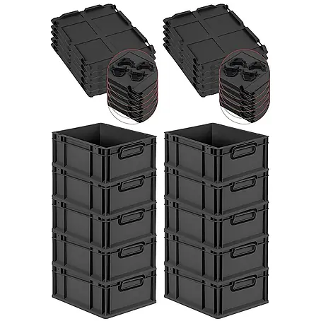 SuperSparSet 10x Eurobox NextGen Color mit Auflagedeckel und Schiebeschnappverschlüsse | HxBxT 17x30x40cm | 16 Liter | Schwarz | Griffe schwarz geschlossen | Glatter Boden | Eurobehälter, Transportbox, Transportbehälter, Stapelbehälter