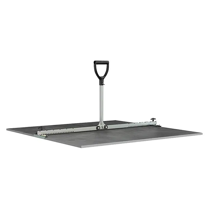 Langfit Fliesenheber MS-FH50100L - Plattengröße: 50 - 100 cm, Geeignet für: Feinsteinzeugplatten - Das Bild zeigt einen Fliesenschneider mit einem Griff und einer Führungsschiene. Das Werkzeug liegt auf einer grauen Fliese.