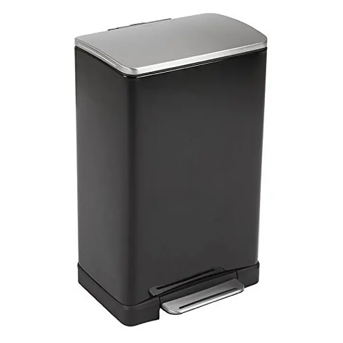 Proregal Treteimer Stilvoller rechteckiger Treteimer mit extra breitem Pedal - 40 l, Edelstahl, Schwarz, Deckel Edelstahl - Abfalleimer aus schwarzem Metall mit silberfarbenem Deckel und Pedal. Praktische und stilvolle Lösung für die Müllentsorgung im Haushalt.