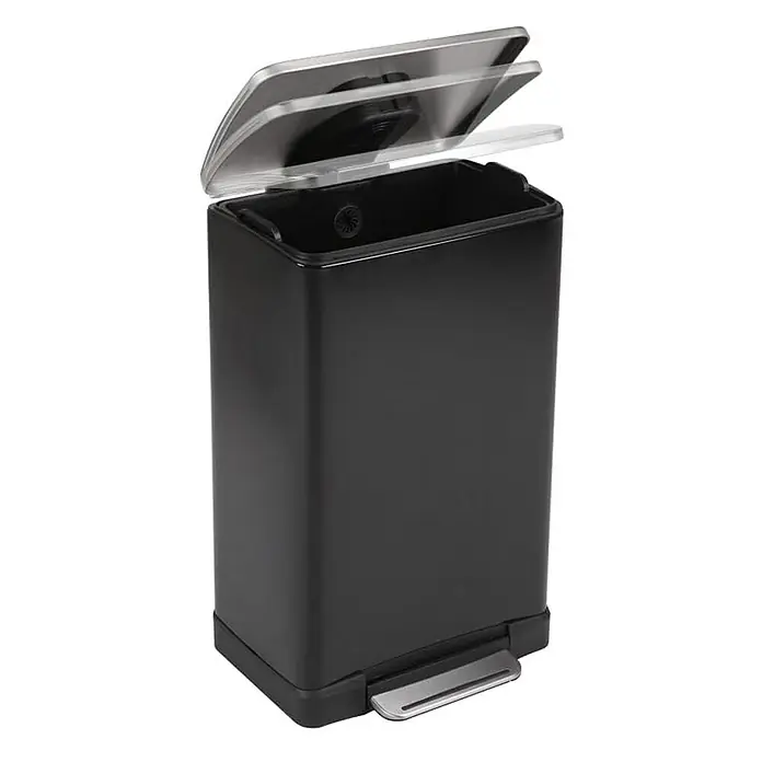 Proregal Treteimer Stilvoller rechteckiger Treteimer mit extra breitem Pedal - 40 l, Edelstahl, Schwarz, Deckel Edelstahl - Ein schwarzer, rechteckiger Treteimer mit offenem Deckel, ideal für Küche oder Bad, bietet bequeme Abfallentsorgung und stilvolles Design.